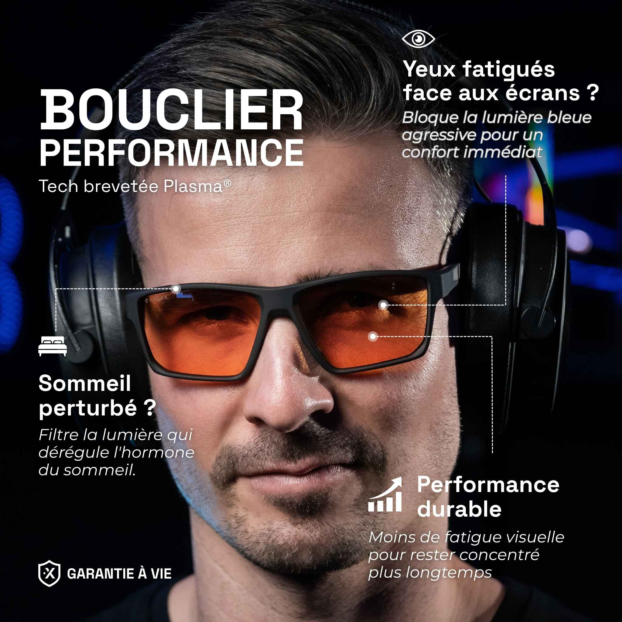 Paul lleva las gafas gaming One Revo con lente ámbar debajo de unos auriculares. Texto: Escudo de rendimiento, bloquea la luz azul para mayor comodidad y sueño. Garantía de por vida.