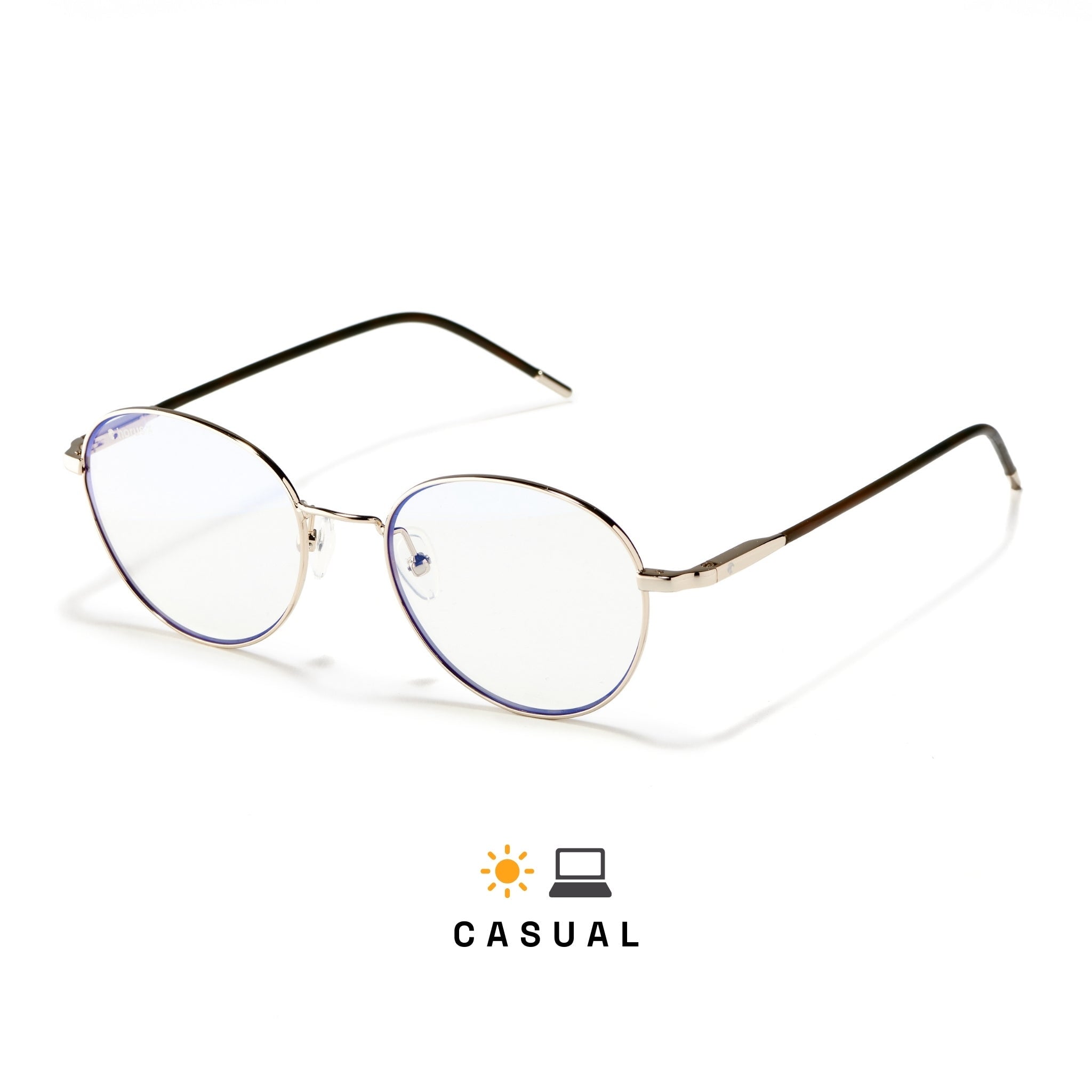 Lunettes anti lumière bleue rondes en métal doré, branches marrons, sur fond blanc