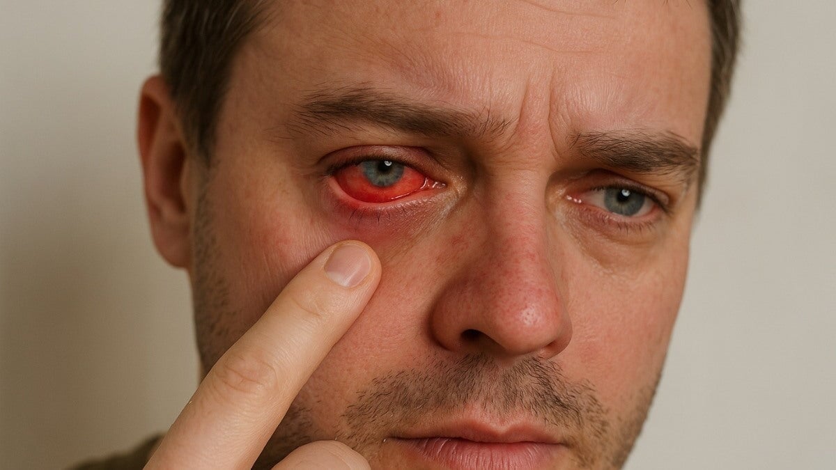 Gros plan d’un homme souffrant de photokératite, montrant un œil rouge et irrité avec une expression de douleur.