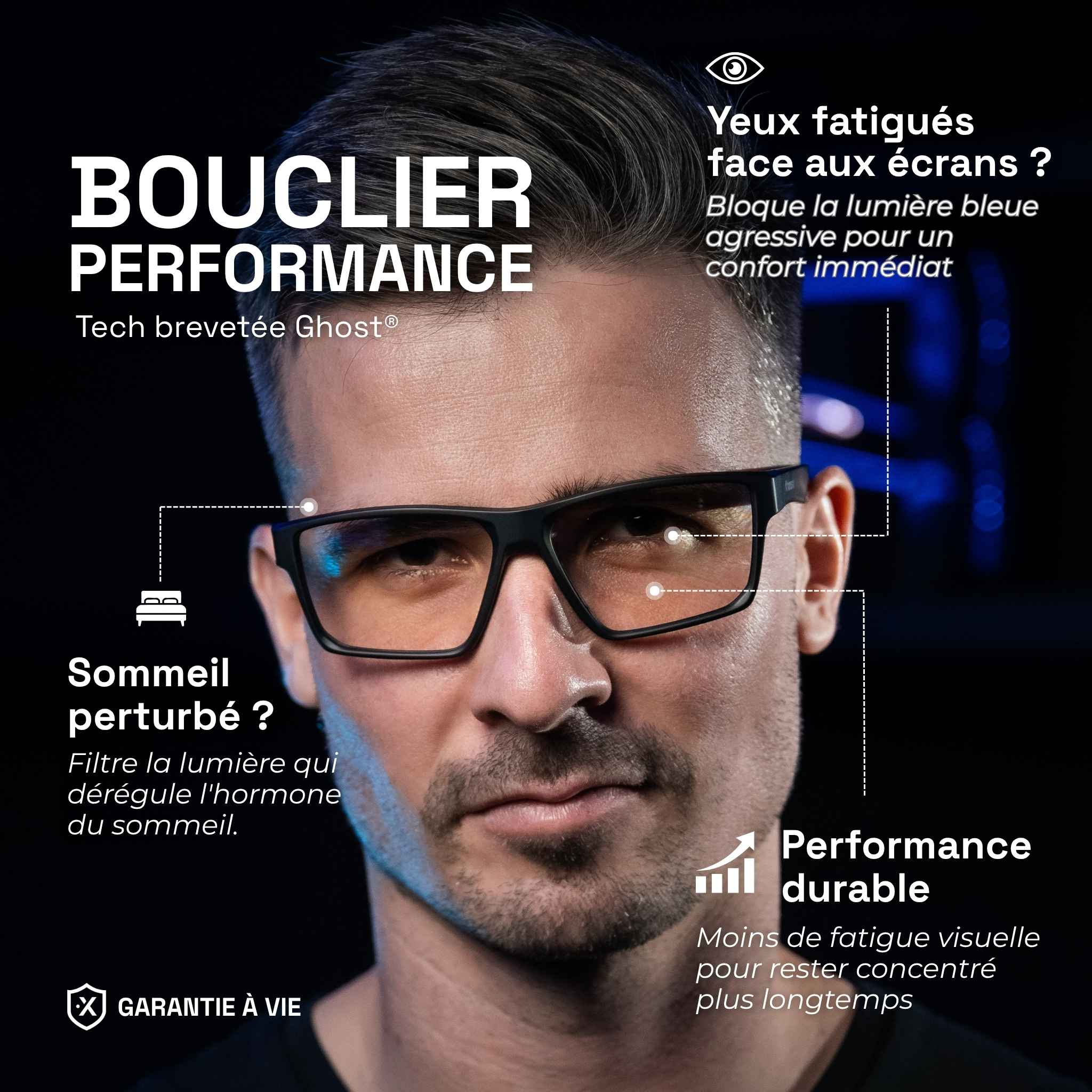 Joven con gafas gaming Horus X One con lentes transparentes sobre fondo negro con descripción de los beneficios del producto (ojos descansados, sueño mejorado, rendimiento duradero)
