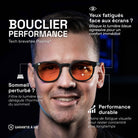Nuestro cofundador Matthieu lleva las gafas gaming urban ámbar y muestra los beneficios: escudo de rendimiento, luz azul anti para mayor comodidad y sueño.