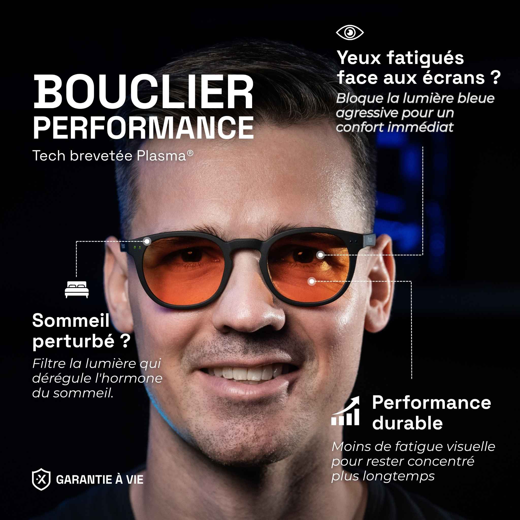Nuestro cofundador Matthieu lleva las gafas gaming urban ámbar y muestra los beneficios: escudo de rendimiento, luz azul anti para mayor comodidad y sueño.