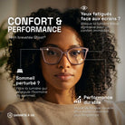 Mujer con pelo rizado usando las gafas anti luz azul Milano sobre un fondo suave. Beneficios del producto en texto: Comodidad y rendimiento, bloquea la luz azul agresiva para unos ojos menos cansados y un mejor sueño.