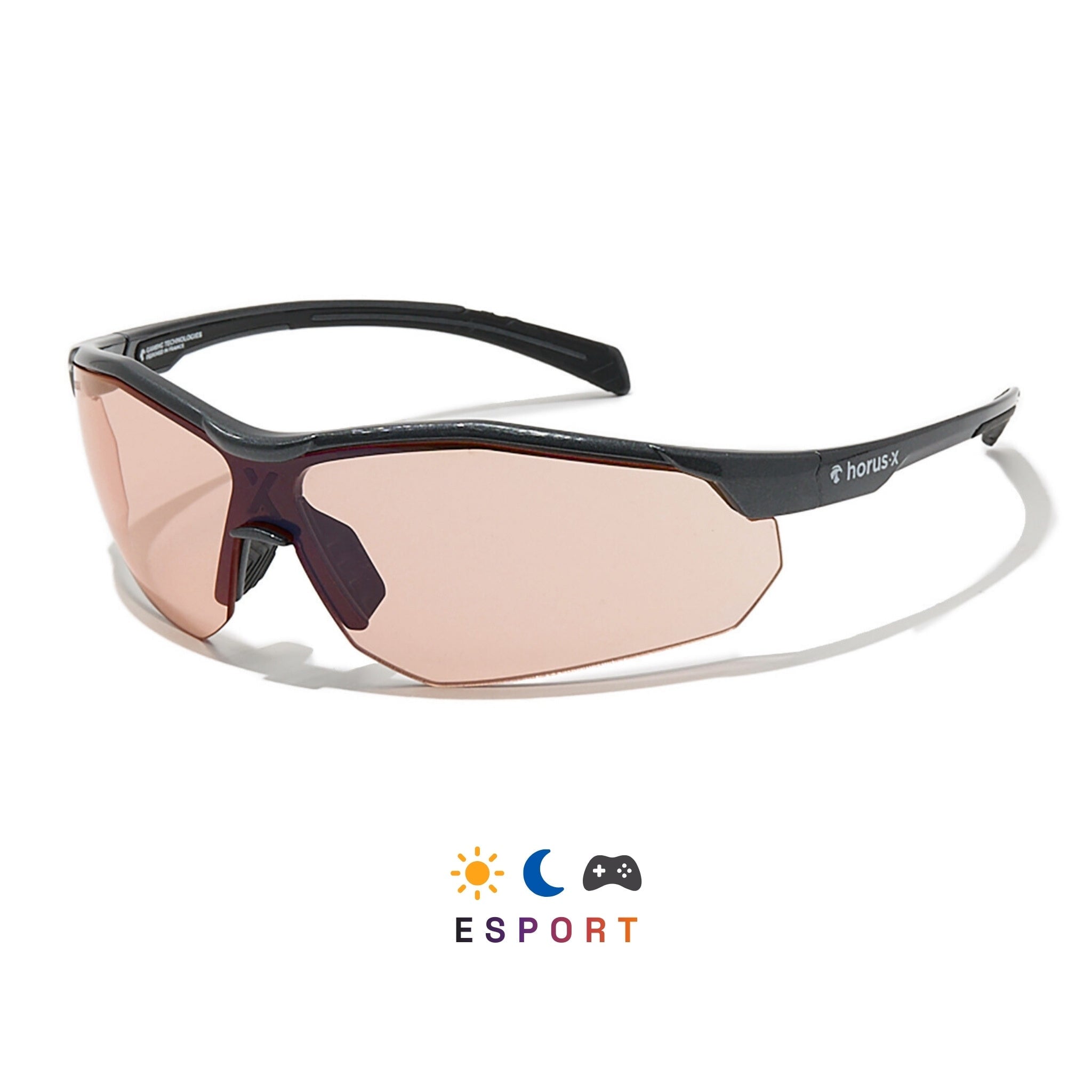 Lunettes gaming profilées pour esportif avec verres ambrés clairs sur monture coinjectée et métalisée grise sur fond blanc