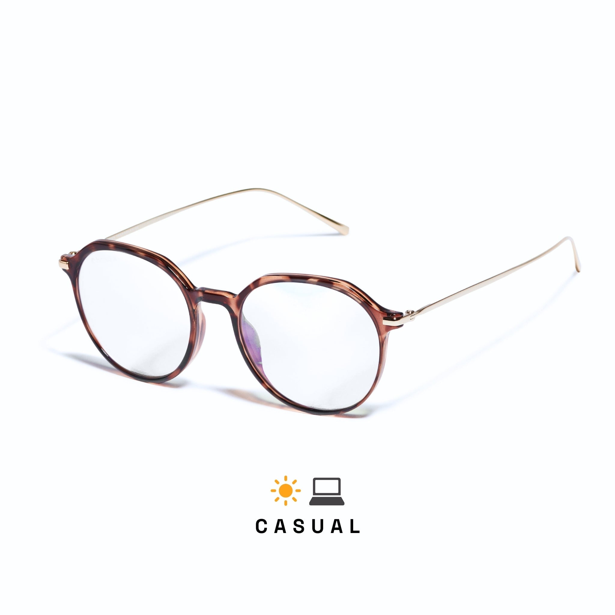 Lunettes sydney anti lumière bleue rondes, monture en polycarbonate tortoise brillant, branches dorées sur fond blanc