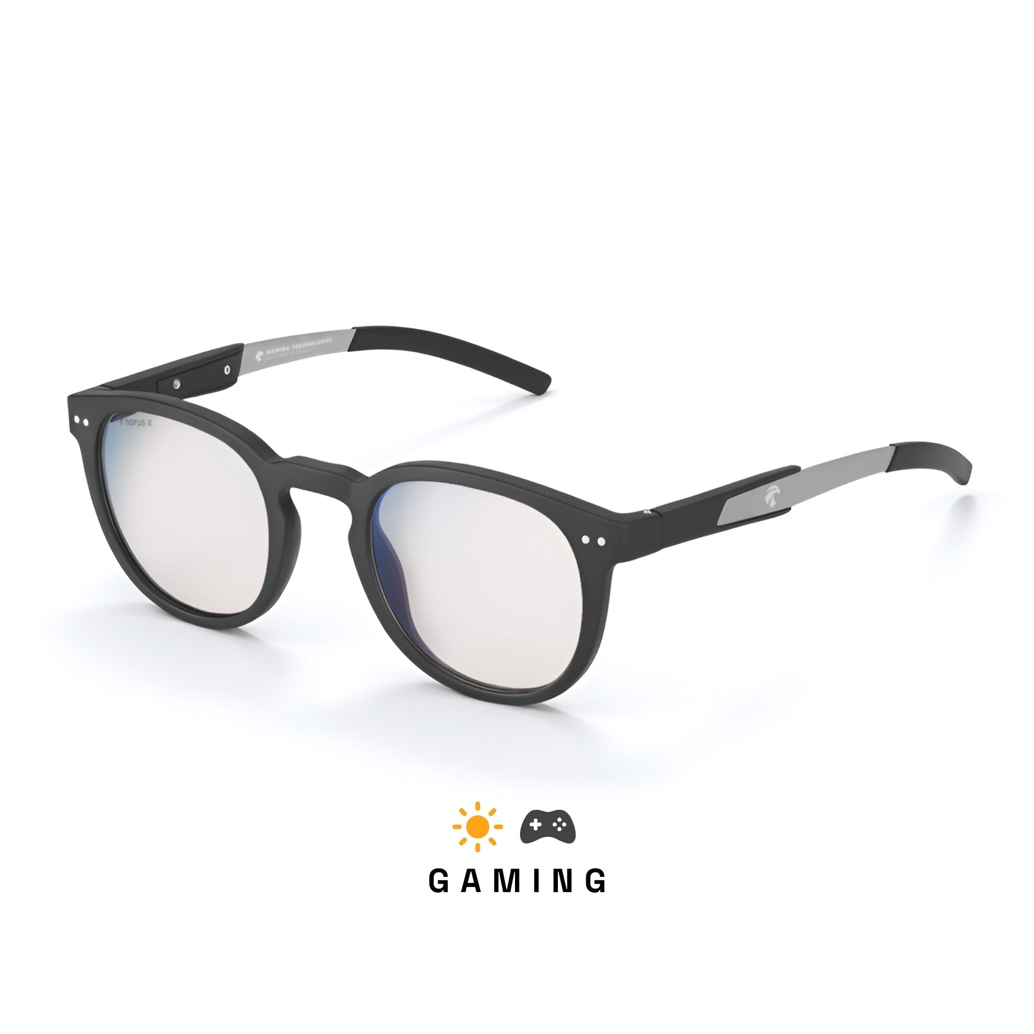 Lunettes gaming anti lumière bleue rondes et noires avec verres clairs, branche en métal et embout en silicone noir sur fond blanc